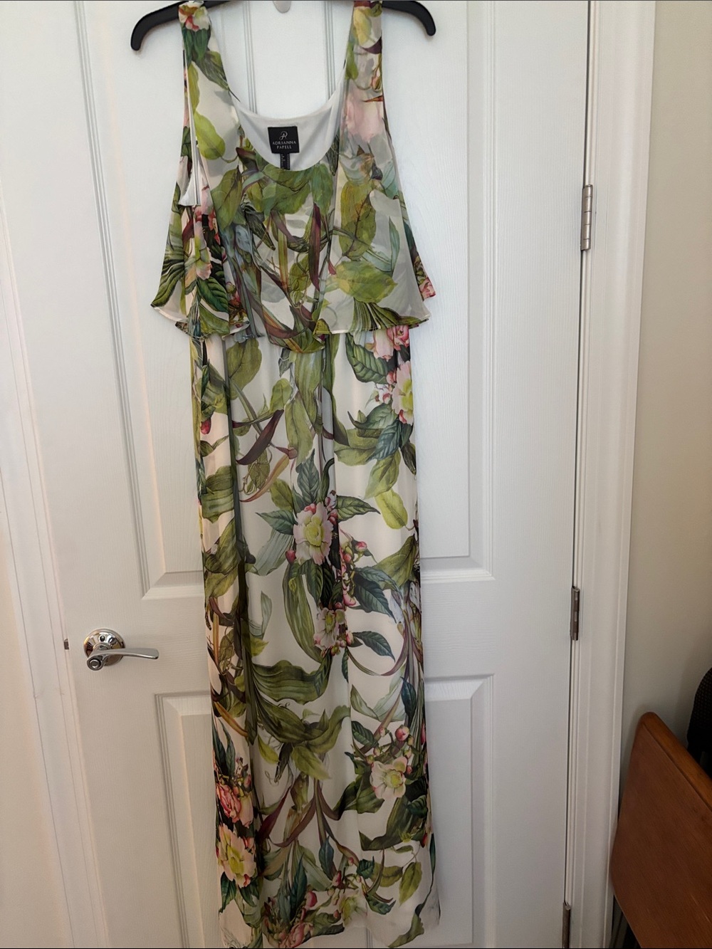 Adrianna Papell White Maxi Dress with Green Floral Print